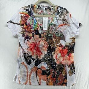 Alison Sheri Floral Stud Embellished Scoop Neck T Shirt Size L‎ NEW
